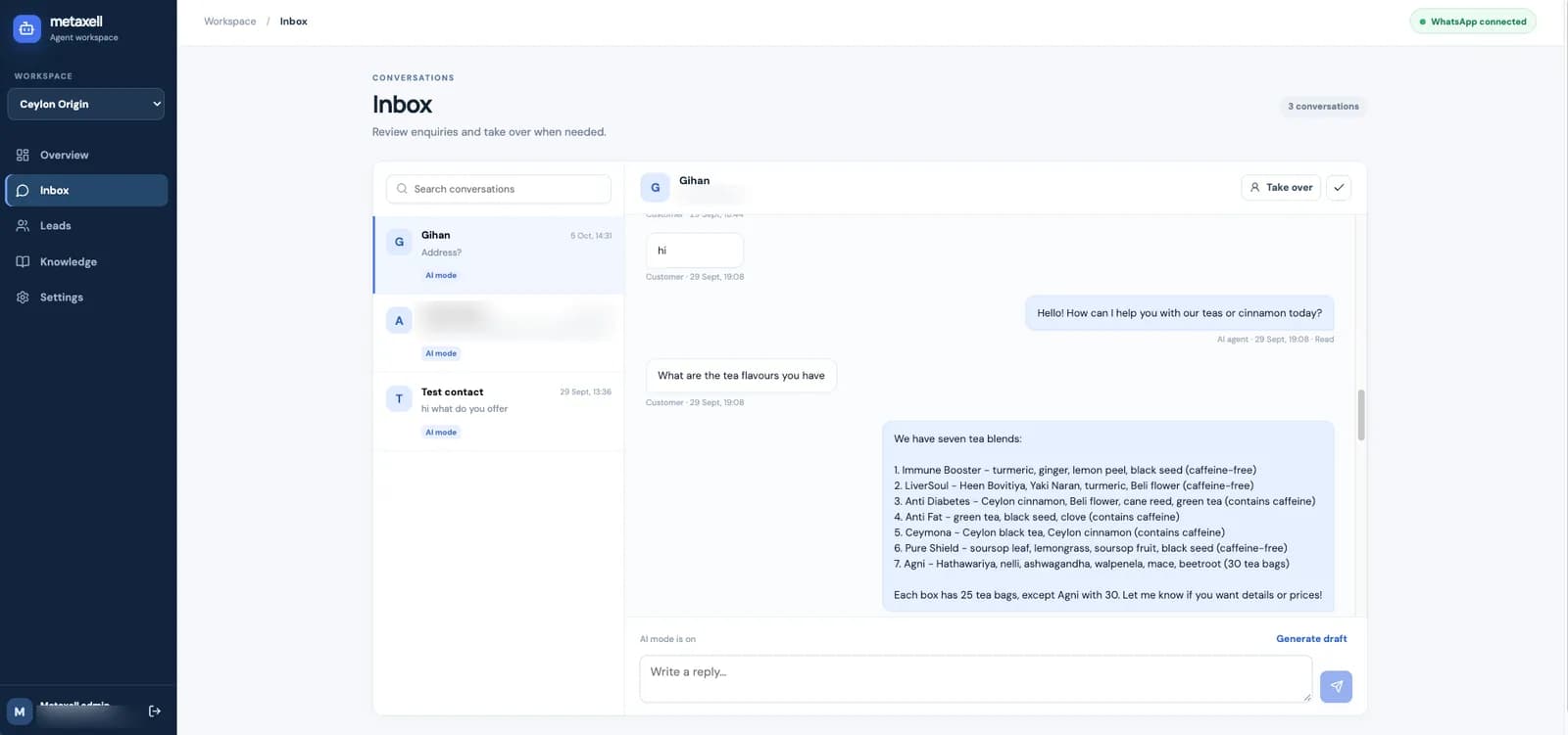 MetaXell Agent inbox: a WhatsApp conversation answered in AI mode, with options to take over or generate a draft reply