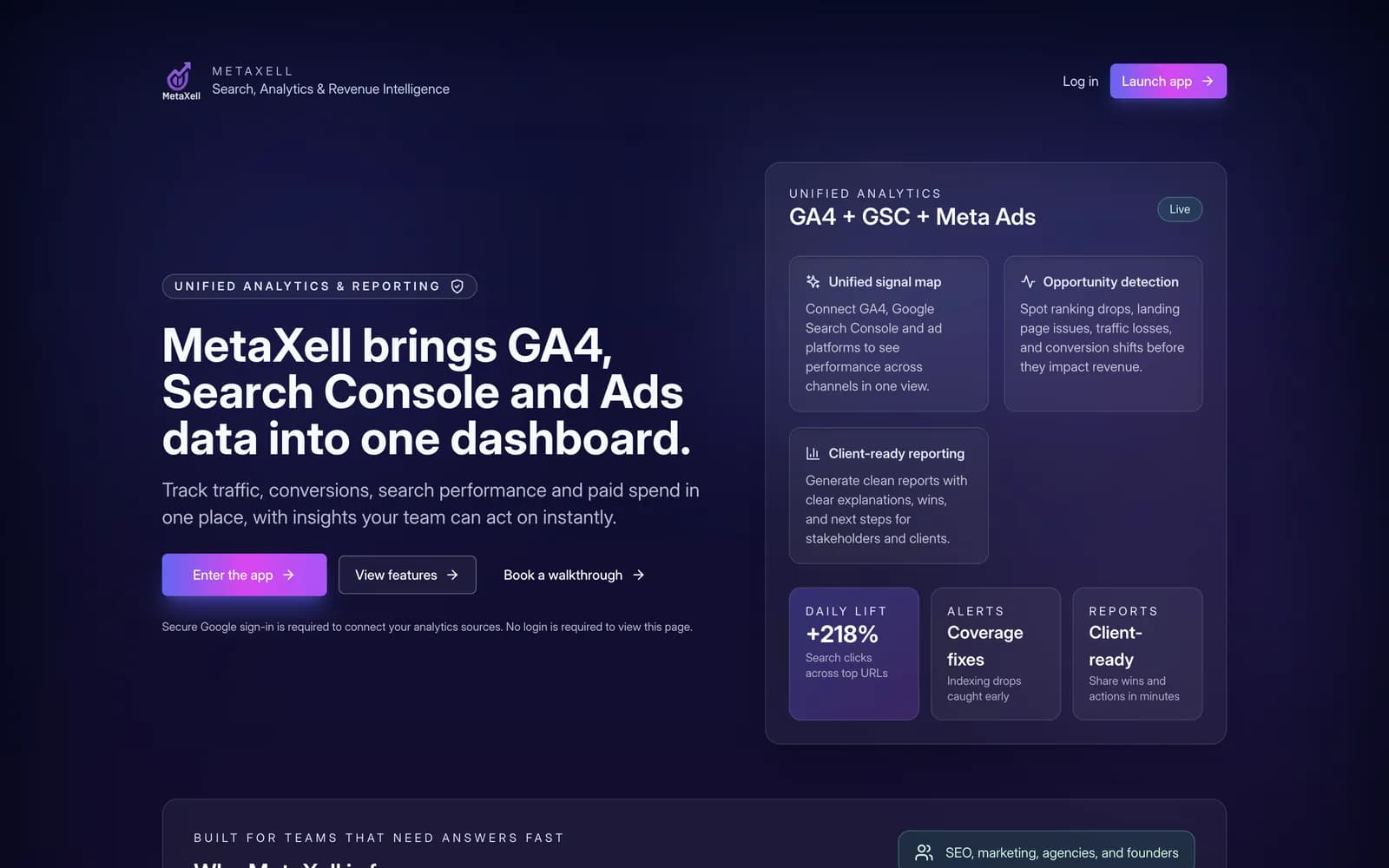 MetaXell Insights home page showing unified GA4, Search Console and Meta Ads analytics