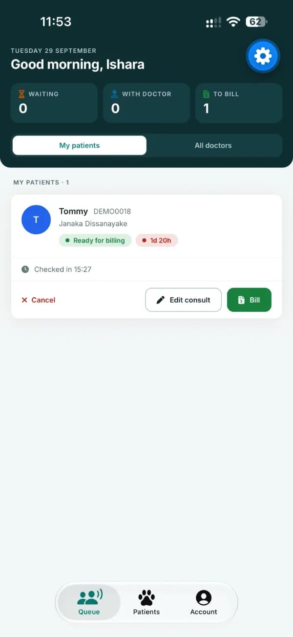 VetCare staff app doctor view listing the vet's own patients with Edit consult and Bill actions