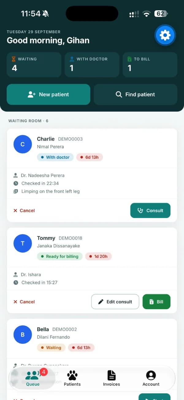 VetCare staff app waiting room with counts for waiting, with doctor and to bill, and patient cards with Consult and Bill actions