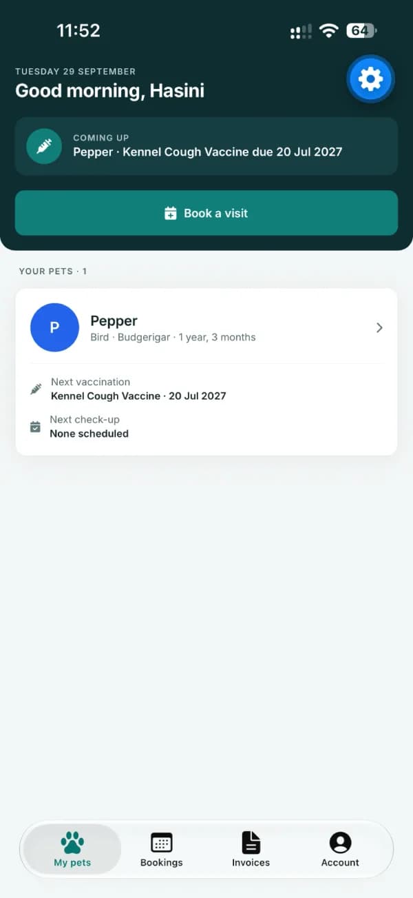 VetCare pet owner app home screen showing a pet's next vaccination and a Book a visit button