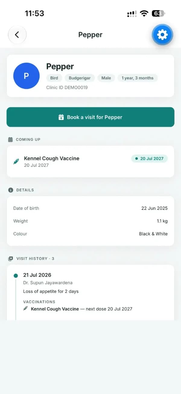 VetCare pet owner app pet profile with details, an upcoming vaccination and visit history
