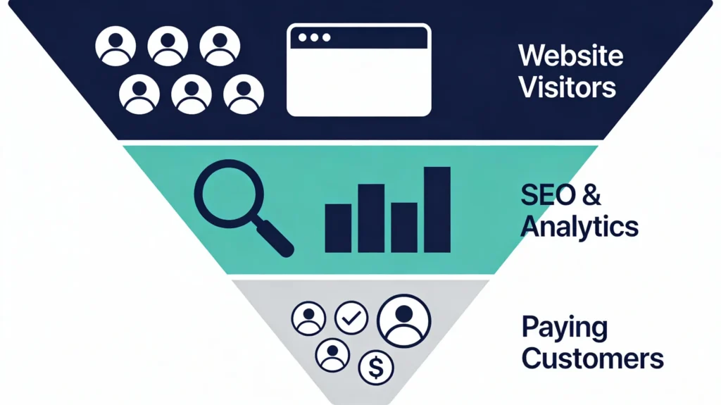 Illustration of how professional SEO services turn visitors into leads and customers