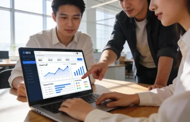 Marketing team reviewing SEO analytics dashboard for business growth