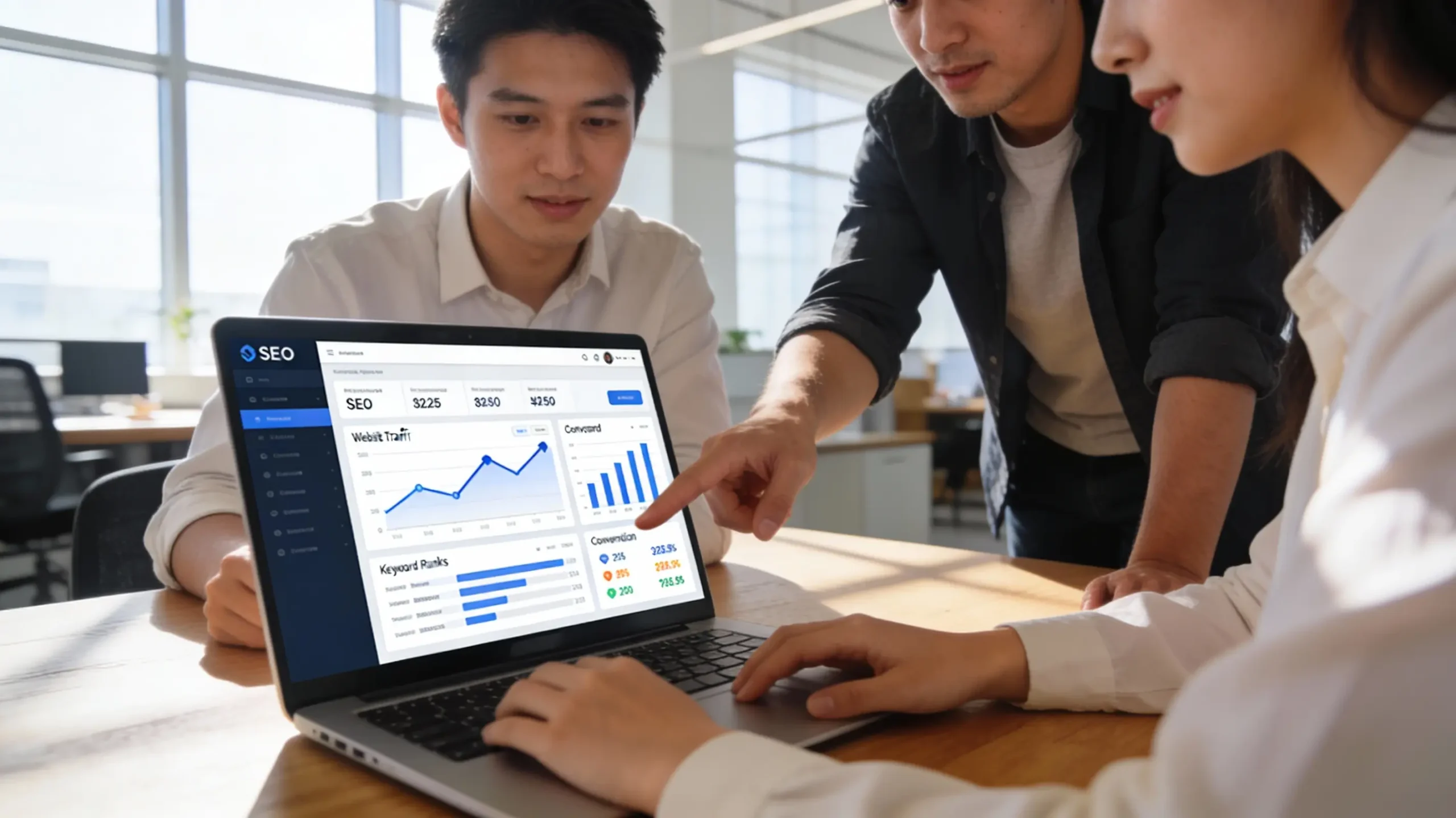 Marketing team reviewing SEO analytics dashboard for business growth